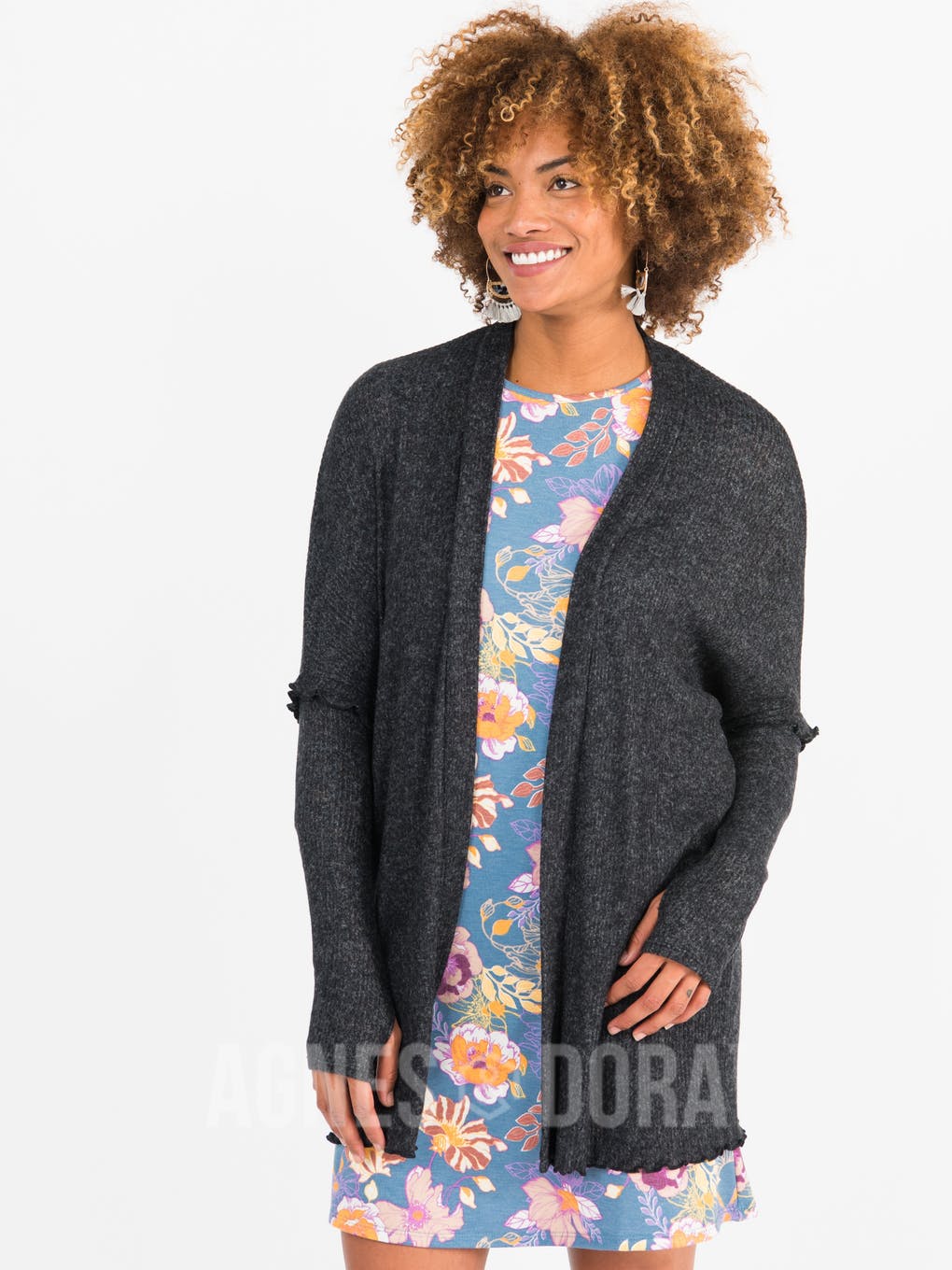 Open Front Thumbhole Cardi in Heathered Black