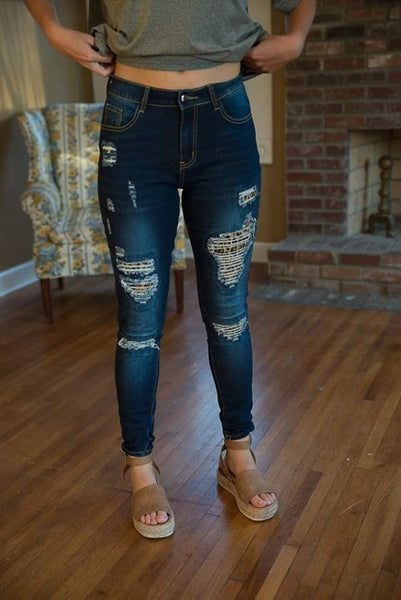 Distressed Stretchy Jeans with Leopard Print