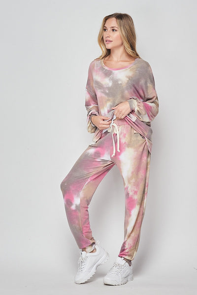 Relaxed Fit Jogger Set in Pink Tie Dye