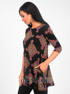 Swing Tunic in 3/4 Sleeve - Black & Aqua Boho