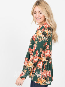 Relaxed Ruffle in Hunter & Coral Floral - Long Sleeve