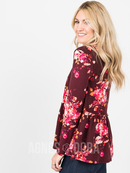 Relaxed Ruffle in Wine Rose Floral - Long Sleeve