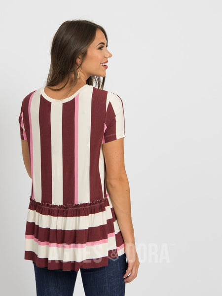 Relaxed Ruffle Tee in Autumn Stripe Black Cherry