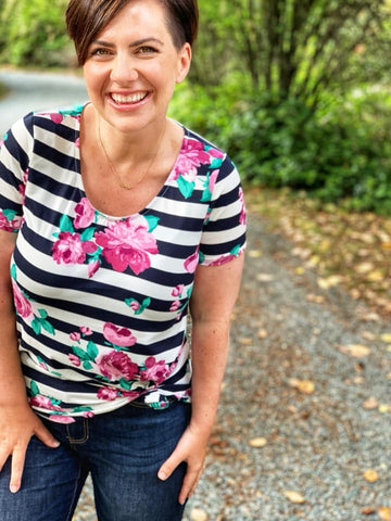 Everyday Tee in Navy & Mauve Stripe Floral - Scoop Neck
