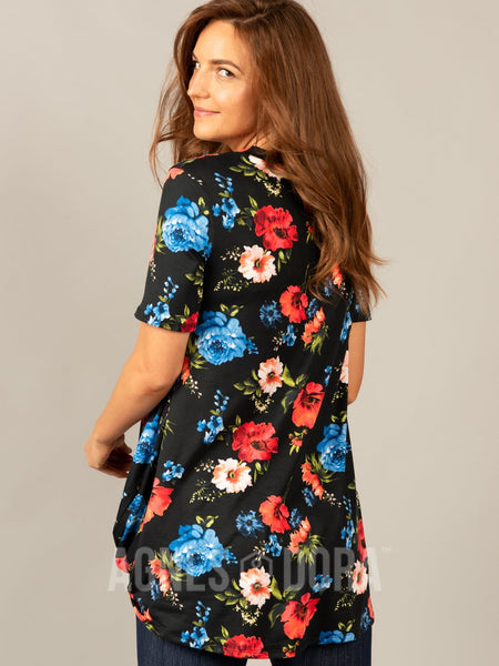 Side Knot Tunic in Black, Red & Blue Floral - Half-Sleeve