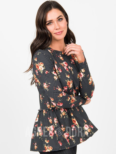 Relaxed Ruffle in Black Floral - Long Sleeve