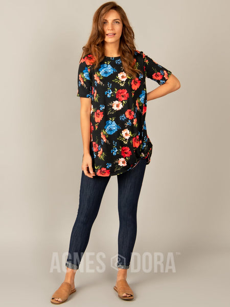 Side Knot Tunic in Black, Red & Blue Floral - Half-Sleeve