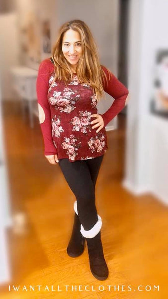 Long Sleeve Floral Tee with Elbow Patch - Burgundy