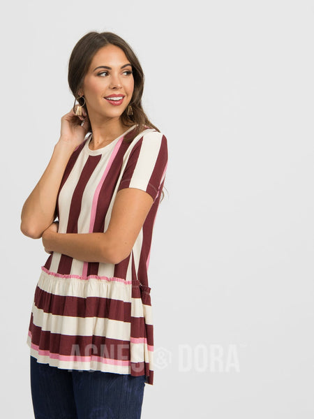 Relaxed Ruffle Tee in Autumn Stripe Black Cherry