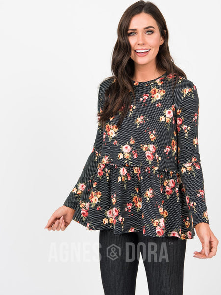 Relaxed Ruffle in Black Floral - Long Sleeve