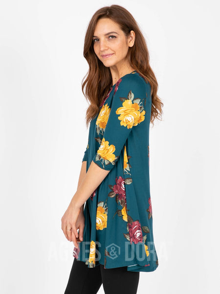 Swing Tunic in 3/4 Sleeve - Mustard Floral Teal