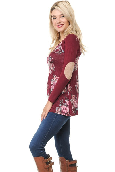 Long Sleeve Floral Tee with Elbow Patch - Burgundy