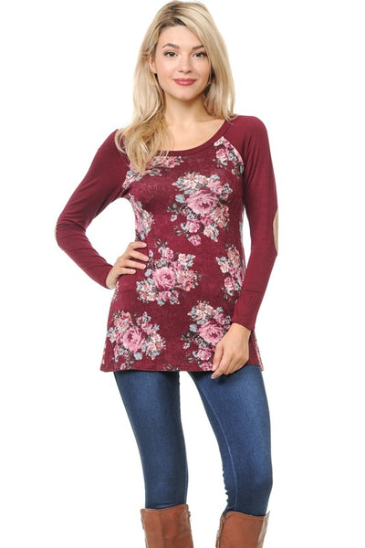 Long Sleeve Floral Tee with Elbow Patch - Burgundy