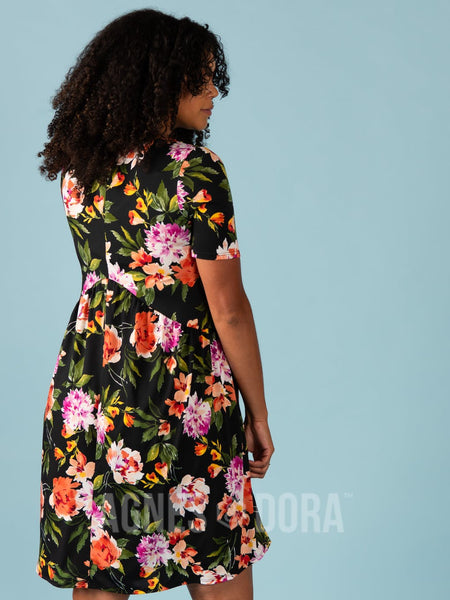 Muse Midi Dress in Short Sleeve Black & Coral Floral