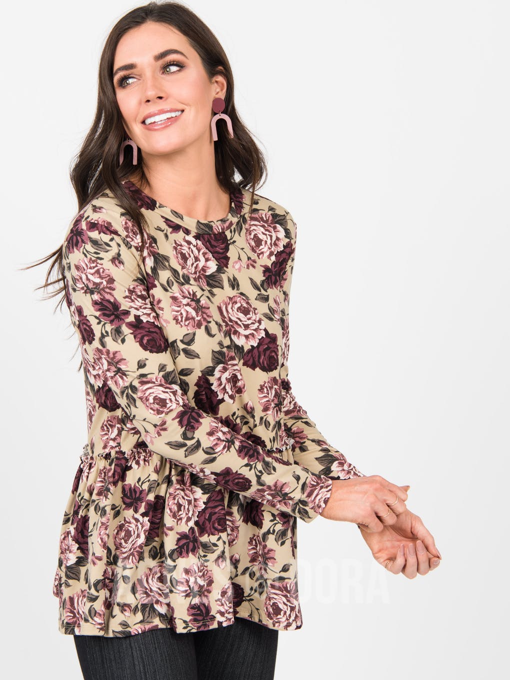 Relaxed Ruffle in Taupe Floral - Long Sleeve