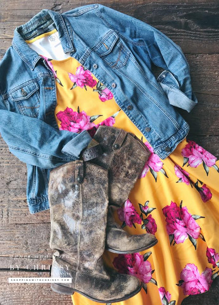 Fit & Flare Dress in Peonies on Parade in Gold