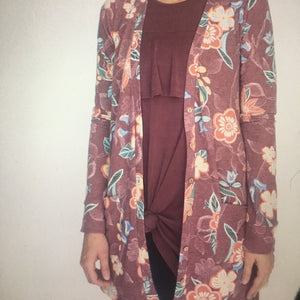 Essential Cardigan in Folk Floral Wine