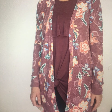 Essential Cardigan in Folk Floral Wine