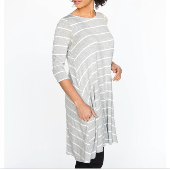 Swing Tunic in 3/4 Sleeve - Heather Grey & Ivory Stripe