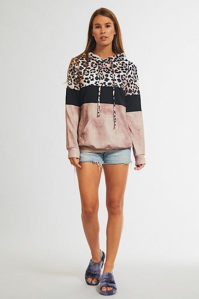 Leopard Rose Gold Color block Hoodie