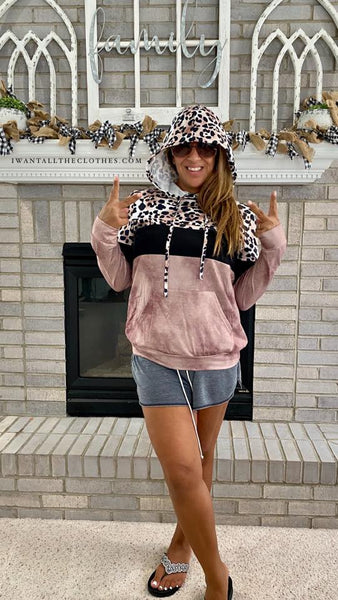 Leopard Rose Gold Color block Hoodie