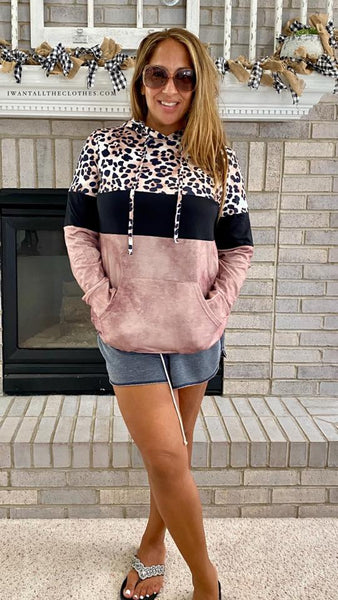 Leopard Rose Gold Color block Hoodie