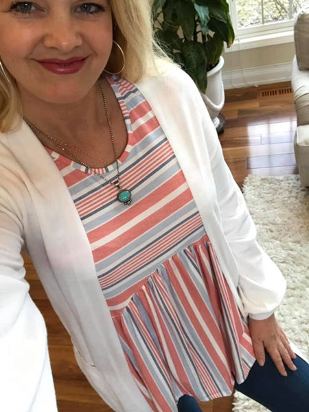 Muse Top in Navy, Coral & Blue Stripe