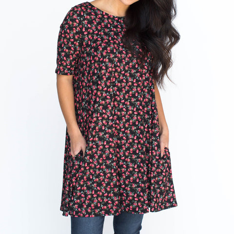 Swing Tunic in Black Small Floral - Baby Suede