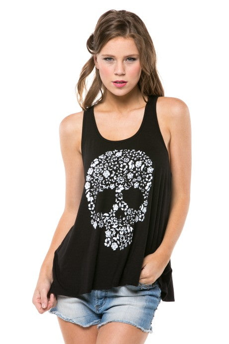 Floral Skull Tank in Black