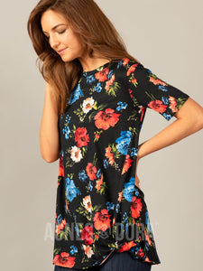 Side Knot Tunic in Black, Red & Blue Floral - Half-Sleeve