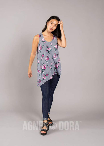 Asymmetrical Tank in Navy & Plum Stripe Floral