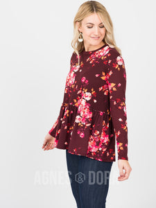 Relaxed Ruffle in Wine Rose Floral - Long Sleeve