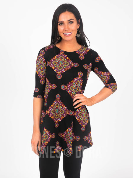 Swing Tunic in 3/4 Sleeve - Black & Aqua Boho