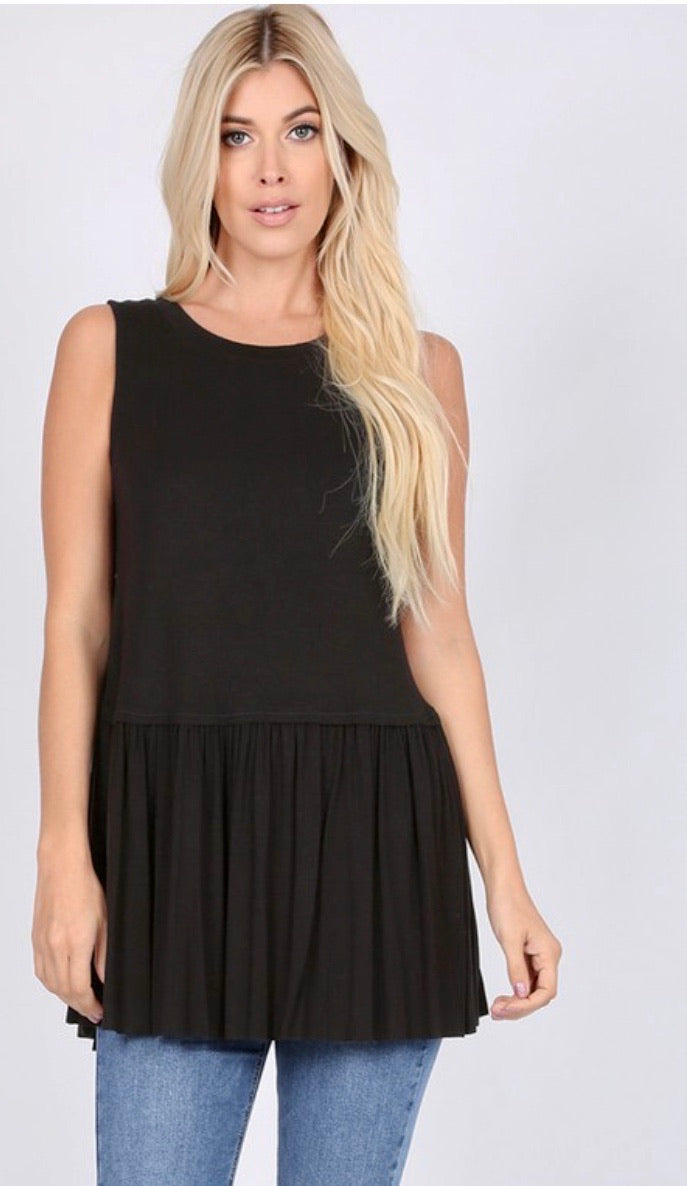 Relaxed Ruffle Tank in Solid Black